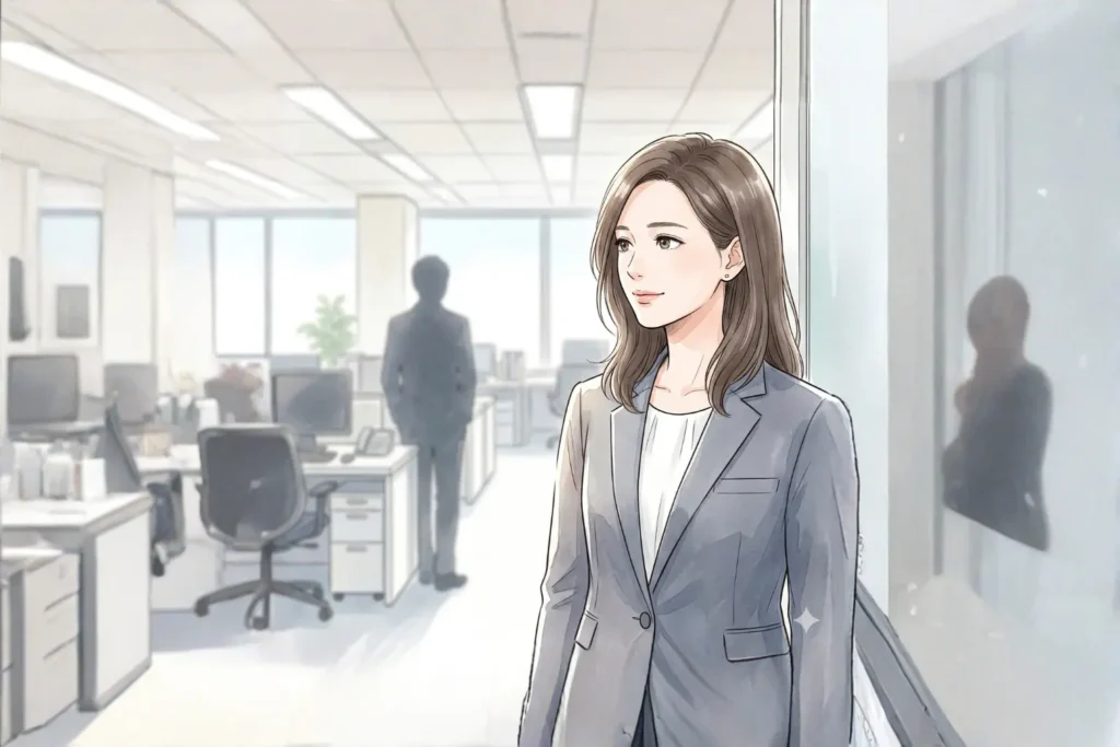 オフィスビルの窓辺で、遠くを見つめながらビジネスパートナーとの出会いを予感する、憂いを帯びた表情の女性。