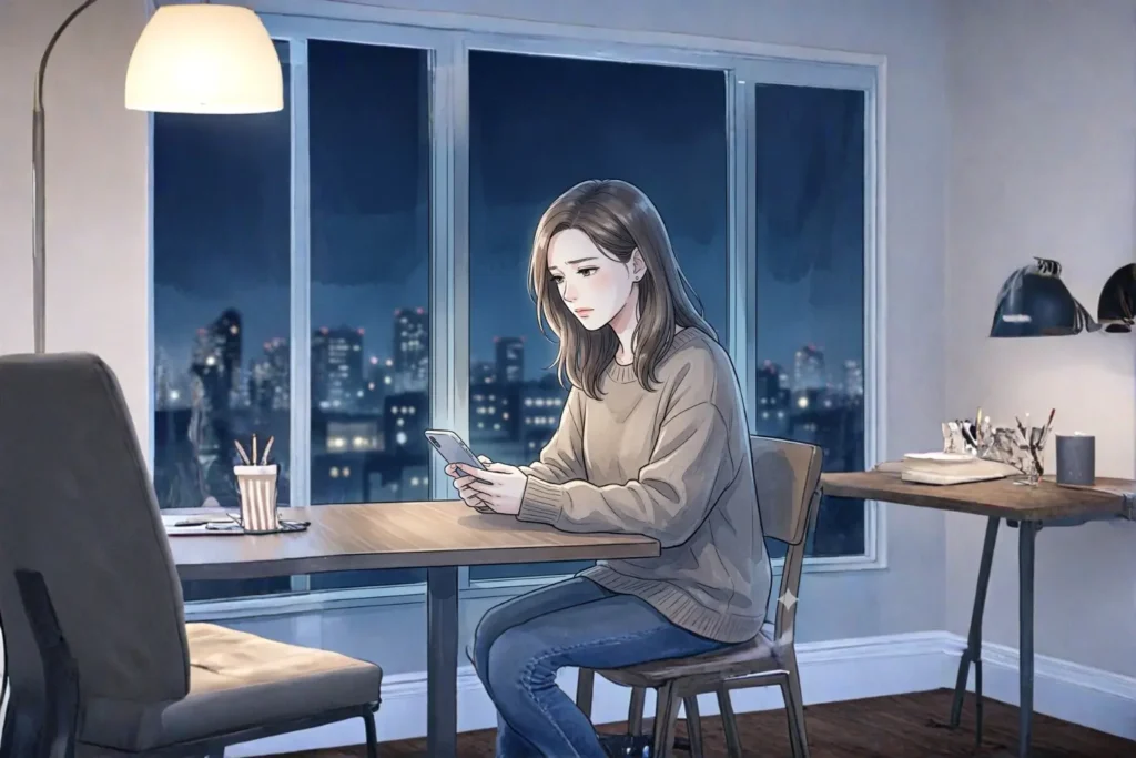 深夜、都会の夜景をバックに、彼からの連絡を待ってスマホを見つめつつも、彼との関係の継続に思い悩む女性。