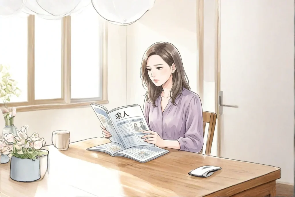 自宅のダイニングテーブルで、求人誌を広げ、行き詰まっている現状をなんとか突破できないかと模索する女性。