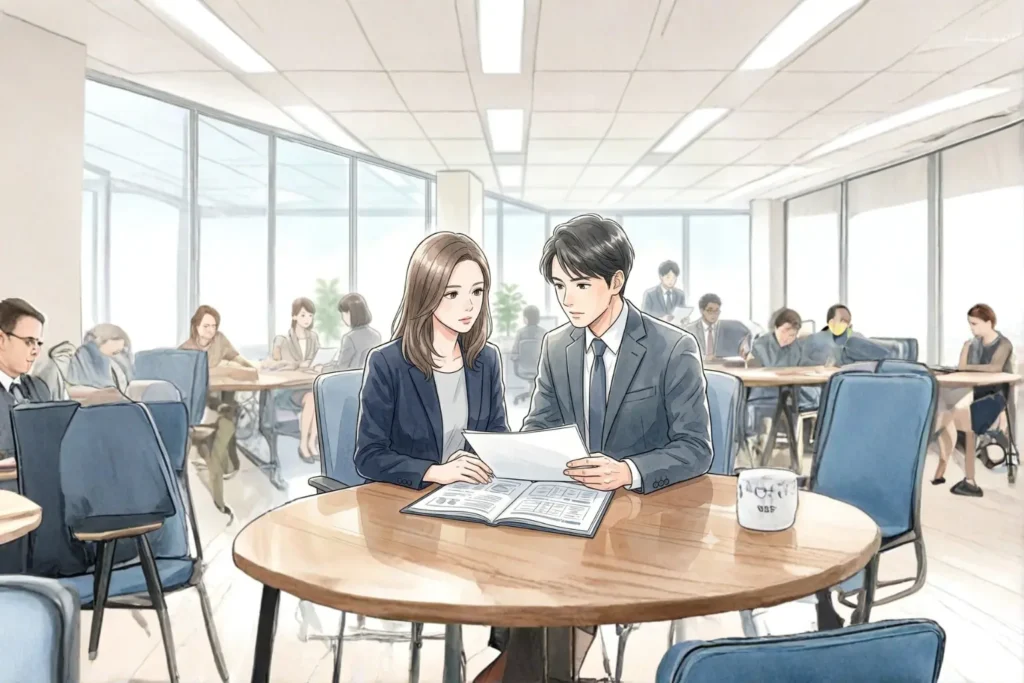 オフィスの休憩室のテーブルに資料を広げ、真剣な眼差しで「共同ワーク」に打ち込むツインレイの男女。