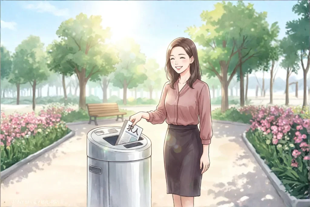 太陽の光が差し込む公園で、これまでの葛藤が詰まった求人誌をゴミ箱に捨てる女性。「出口」を見つけた女性の晴れやかな笑顔が印象的。