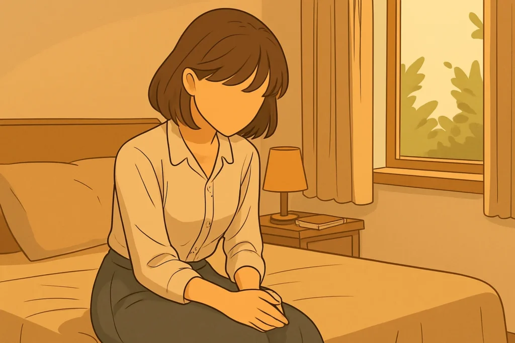 自室のベッドに腰掛けた女性が、ツインレイの相手に都合よく扱われている苦しさに葛藤し、愛と現実の狭間で心を痛めている。