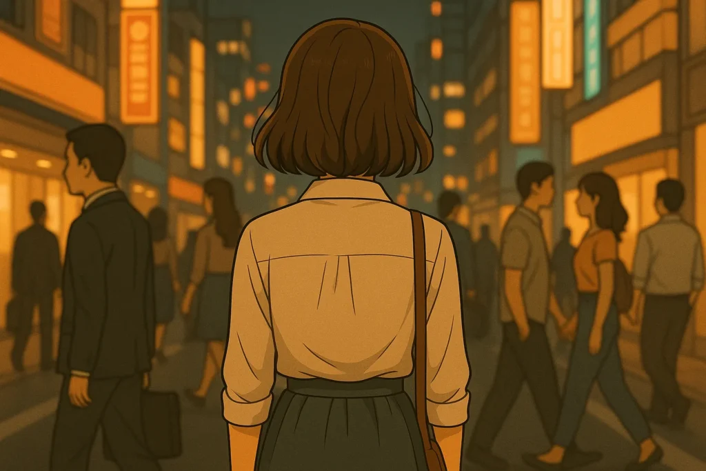 ツインレイ関係に悩む女性が表情を隠し、人混みの中を歩く姿。周囲の賑わいとの対比が、内面の孤独を際立たせている。