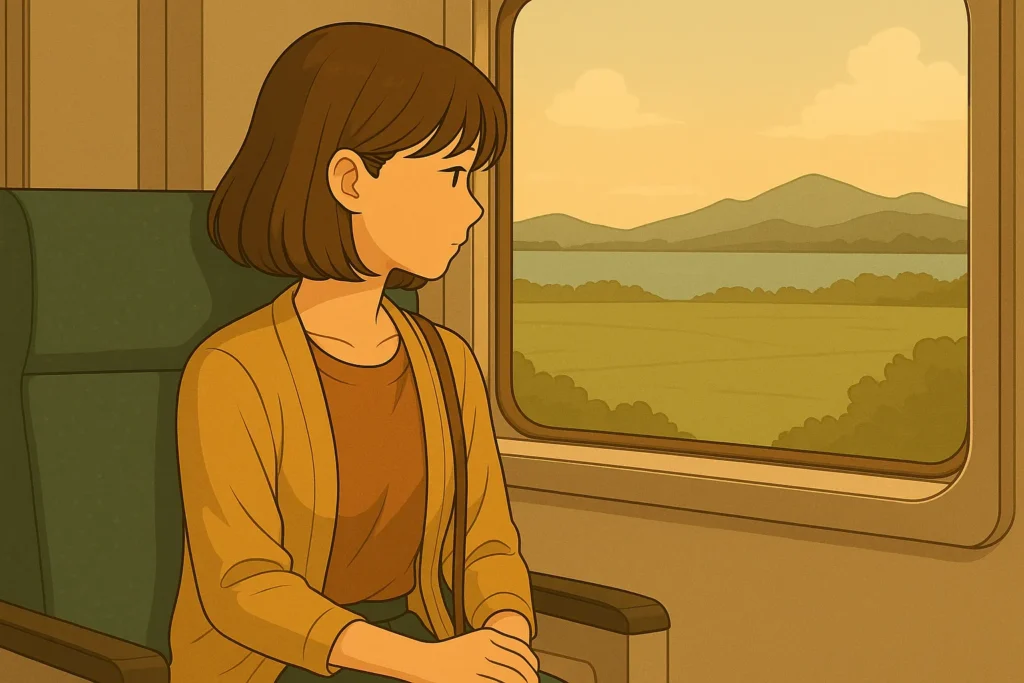 電車の窓際に座った女性が外の景色を見つめている。ツインレイとの別れを乗り越え、旅立ちと再出発を象徴するシーン。