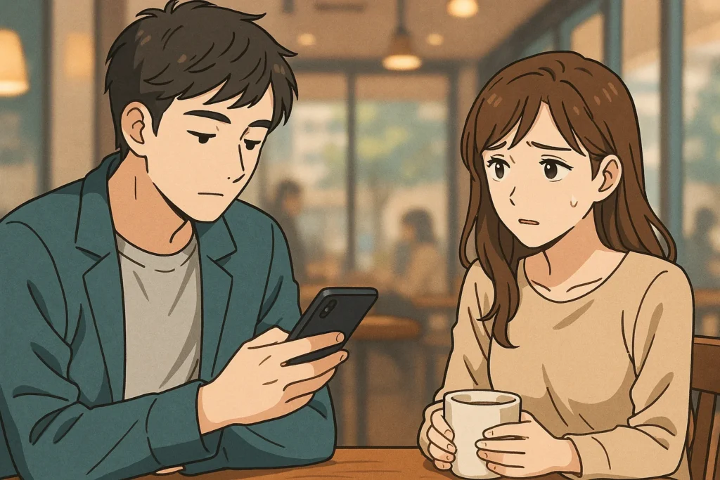 カフェの席で、スマートフォンを見ている男性と、それを見つめて戸惑う表情の女性。すれ違いを象徴するシーン。