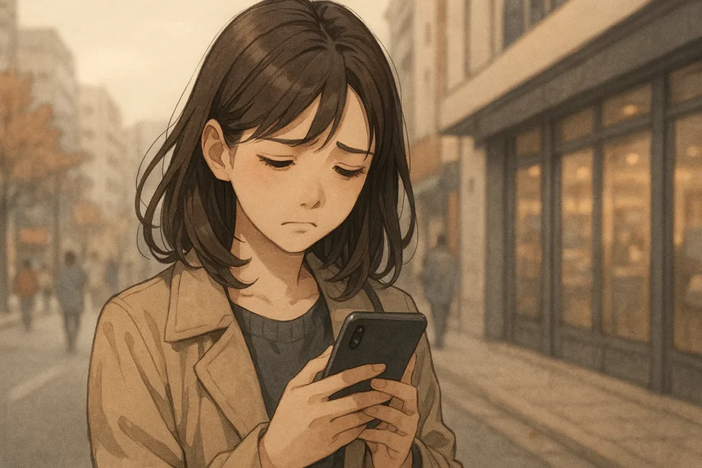 人通りのある街中で、返信のないスマホの画面を見つめる女性。「何かが変わった」と気づき始めた、女性の悲しげな表情。