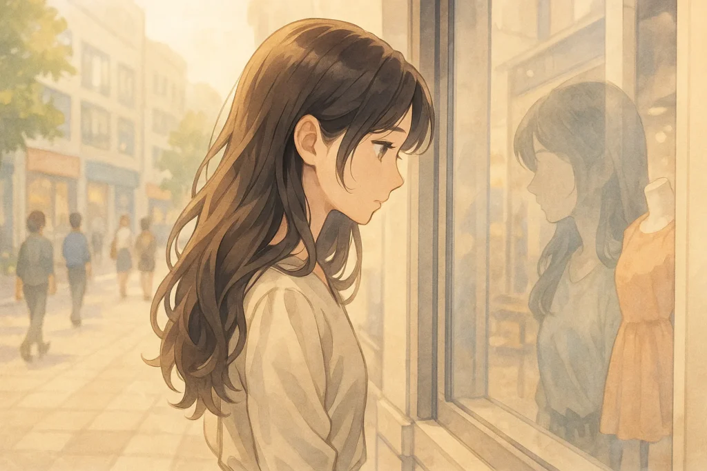 窓ガラスにぼんやりと映る女性の顔。表情のない姿が、心の空洞感を象徴している。