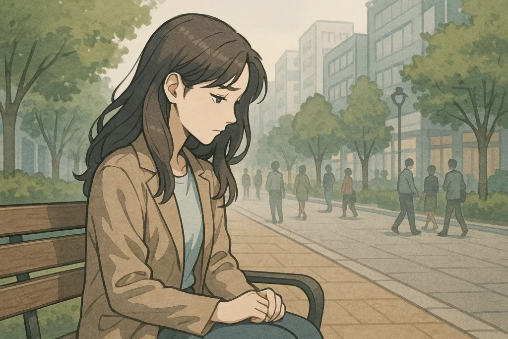 女性が公園のベンチで静かに考え事をしている場面。日常の中で自分を取り戻そうとする様子。