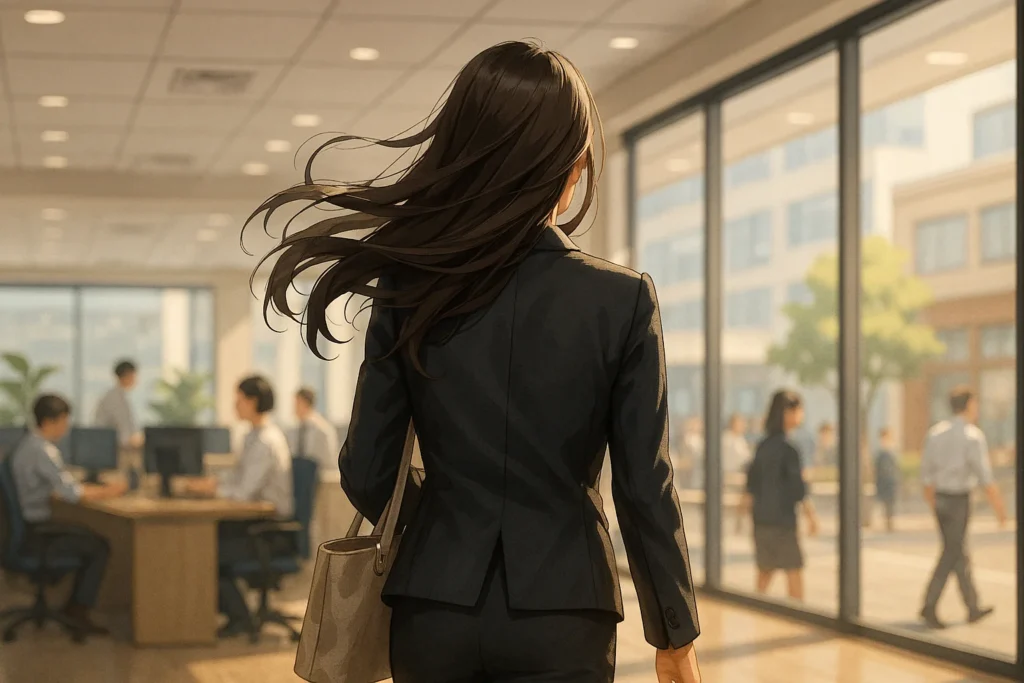 オフィスの中を、ロングヘアをなびかせながら真っ直ぐに歩く女性の後ろ姿。揺るぎない意志を感じさせる凛とした姿。