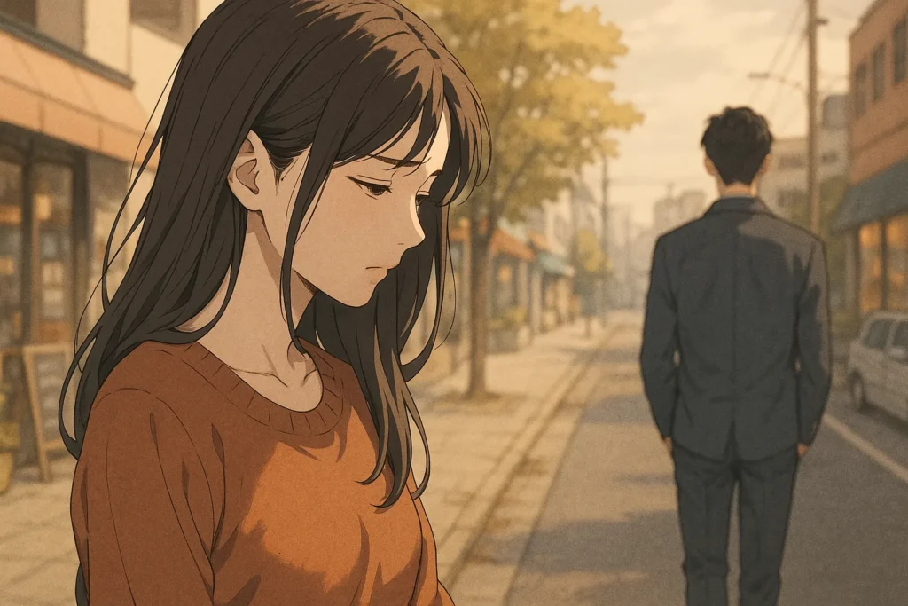 別れ際の街角。女性は寂しげに俯き、男性は背を向けて去っていく。初秋の午後の静けさが漂っている。