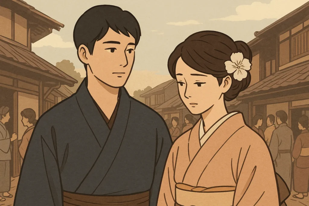 昔の時代を思わせる風景の中、前世でつながっていた男女の面影が描かれた幻想的なイラスト。