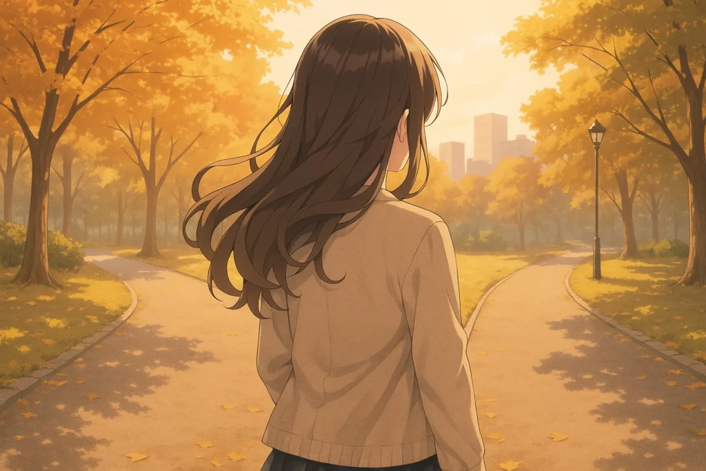街角の夕暮れ、既婚女性が一人で歩きながら背中で決断をにじませる、選択のときを表す場面。