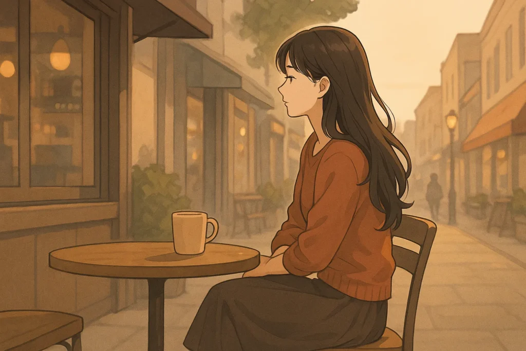 カフェテラスで穏やかに微笑む既婚女性。自分の人生を生きる決意をしたことを感じさせる表情。