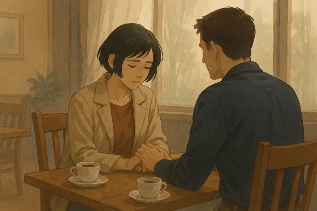 カフェで向き合う男女。女性は目を伏せ、男性はそっと手を握っている。別れの気配が漂う静かな情景。