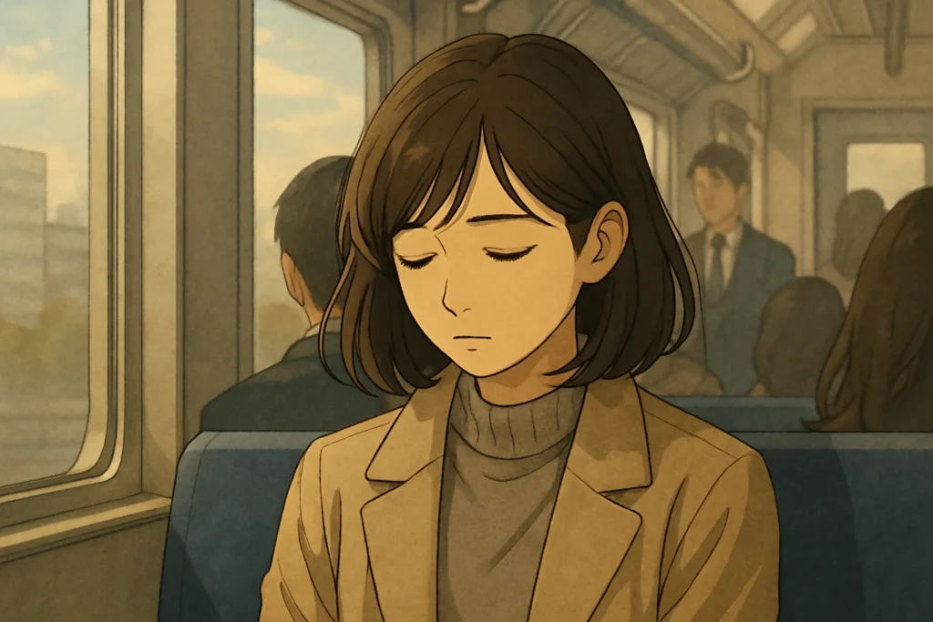 電車の座席にうつむいて座る女性。目を閉じて過去の記憶に浸っている様子。周囲の乗客と対照的な静けさ。