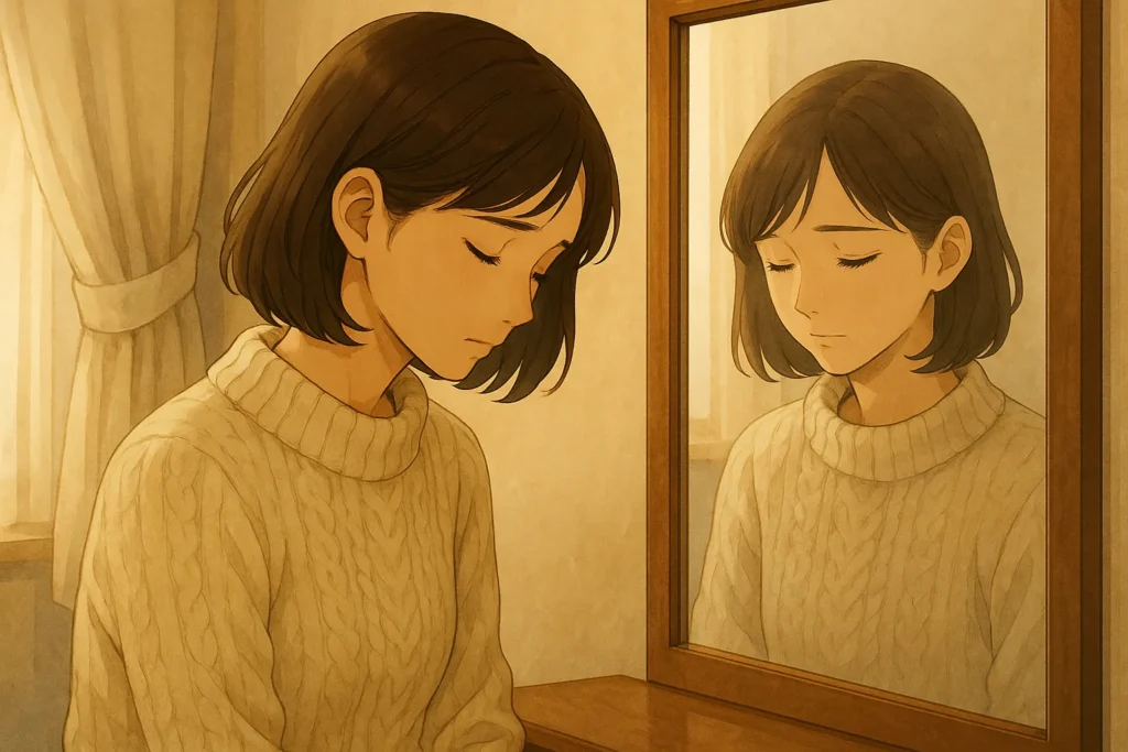 鏡台の前で目を閉じる女性と、穏やかに微笑む鏡の中の自分。内面と向き合う、心の統合を象徴する場面。