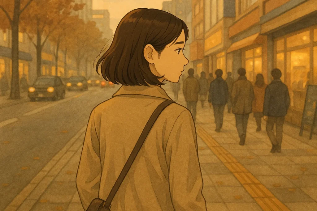 夕暮れの街を歩く女性の後ろ姿。人混みにまぎれながらも、何かを振り返るように横を向いている。