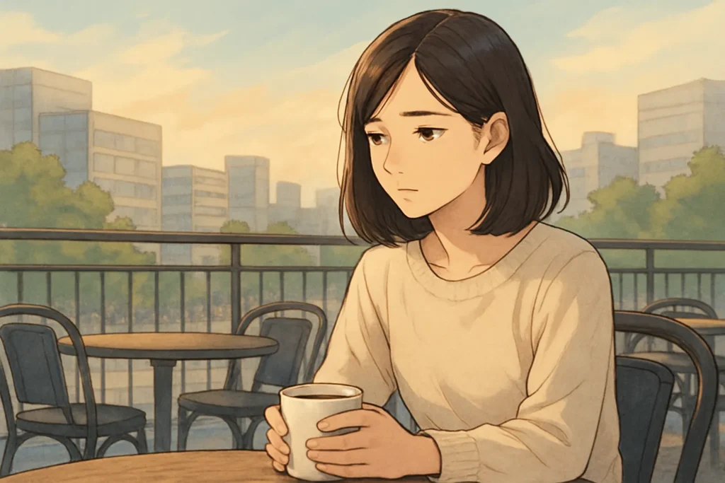 テラス席に座ってコーヒーカップを持つ女性。柔らかな光の中、遠くを見つめて心を落ち着けている様子。