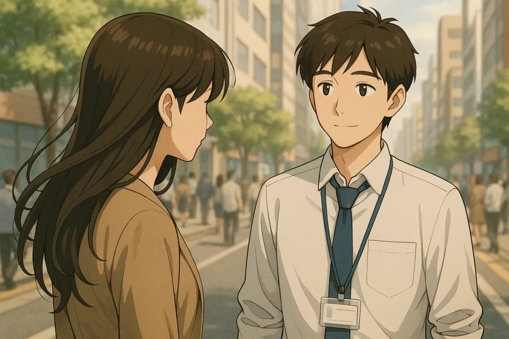 オフィス街の人通りの中、偶然再会した既婚女性と年下男性が立ち止まって向き合う。男性は名札を下げたビジネス姿で微笑んでいる。