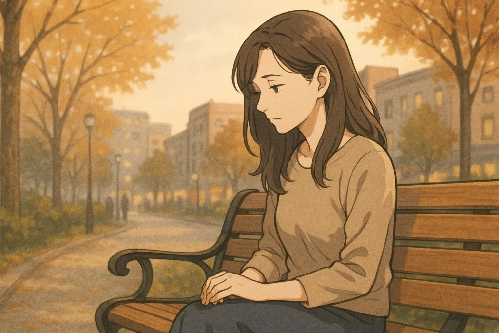 夕暮れの公園、落ち葉の中で一人ベンチに座る既婚女性。下を向きながら、手を組んで静かに思いにふけっている。