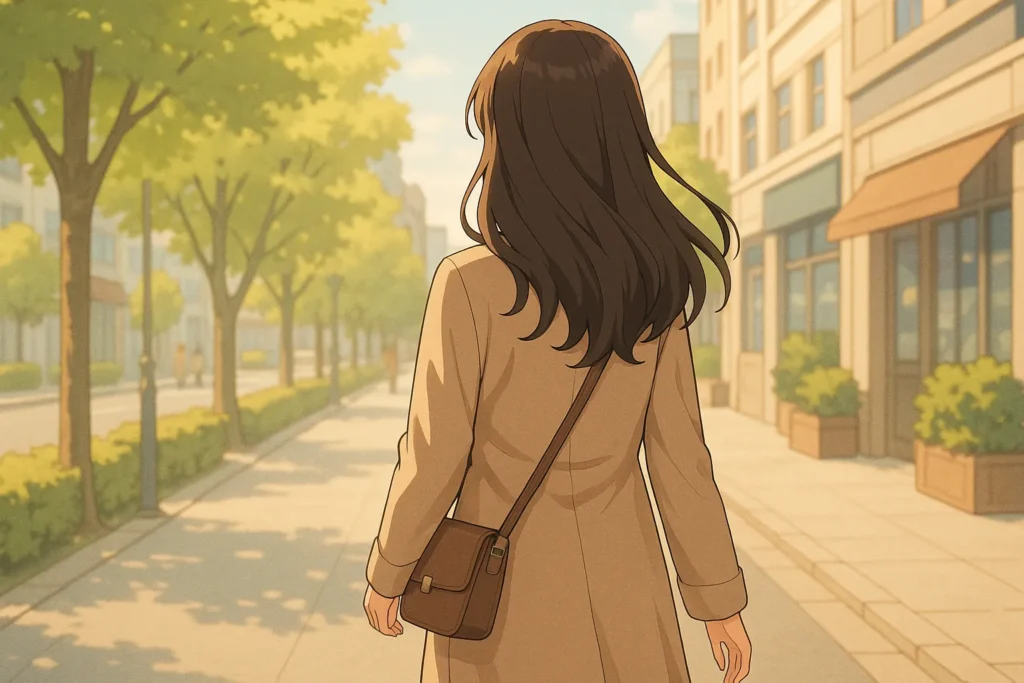 明るい日差しの街並みを一人で歩く既婚女性の後ろ姿。ベージュのコートを着て、小さなショルダーバッグを肩にかけている。
