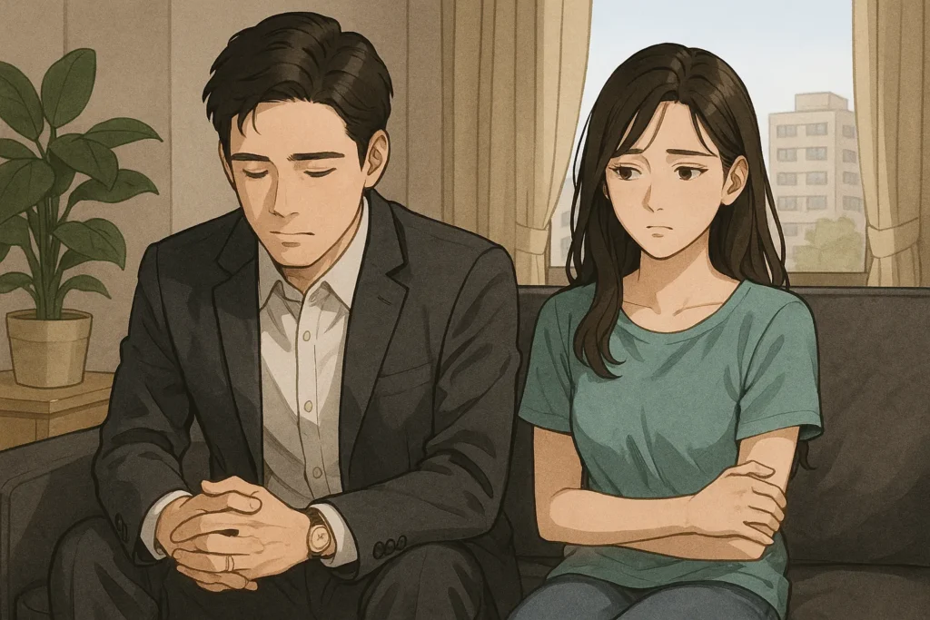 部屋の中で男性と女性がソファに並んで座っている。二人とも視線を逸らし、気まずい空気が流れている。