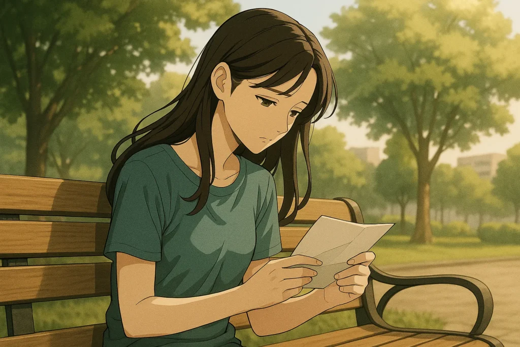 公園のベンチで、女性が手紙を手にして伏し目がちに読んでいる。夏の木漏れ日の下での静かな時間。