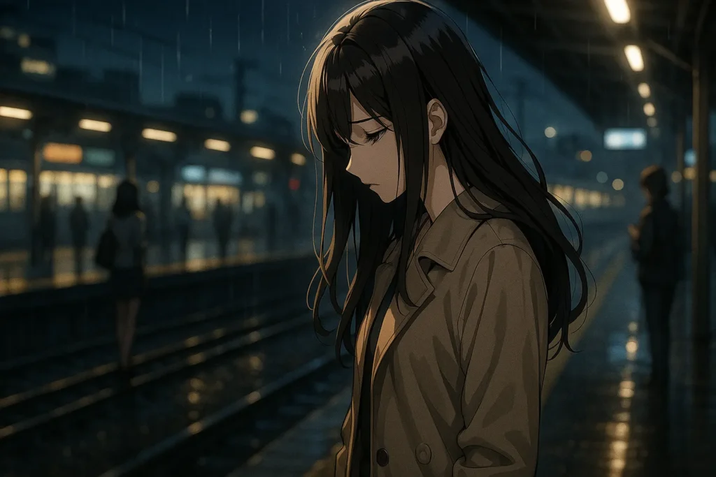 雨の降る夜の駅のホームで、女性が俯いて立ち尽くしている。深い悲しみに沈む女性の表情が痛々しい。