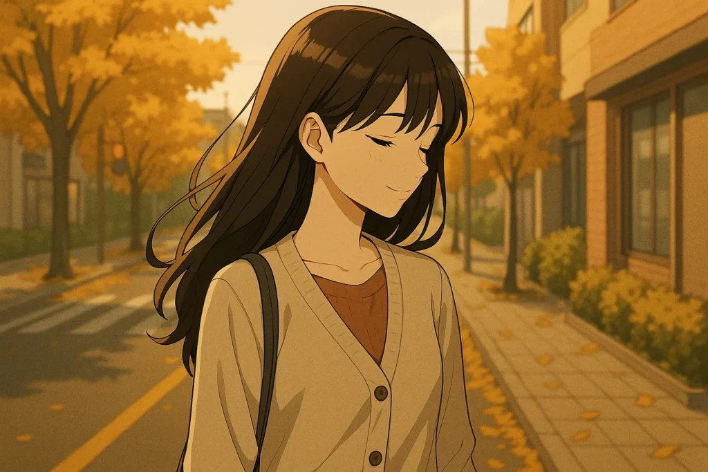 秋の街路樹の中を女性が微笑みながら歩いている。穏やかで少し前向きな気持ちが出てきたことを感じさせるシーン。