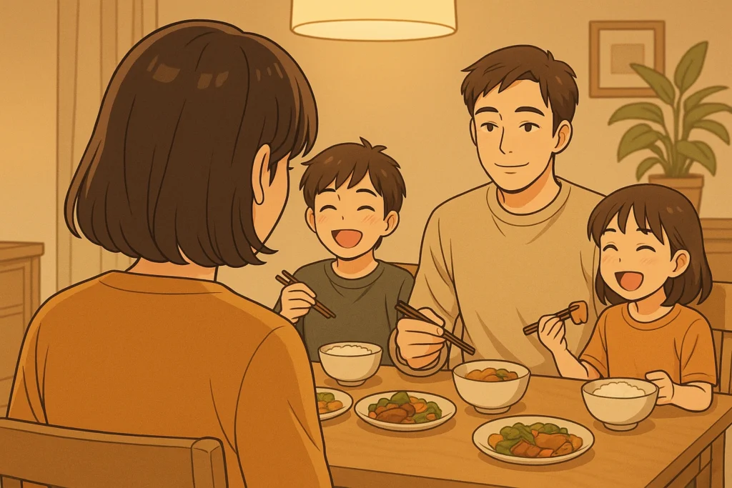 夫や子どもたちと食卓を囲む既婚女性。家庭の幸せな光景の中で心が揺れ動く様子を暗示。