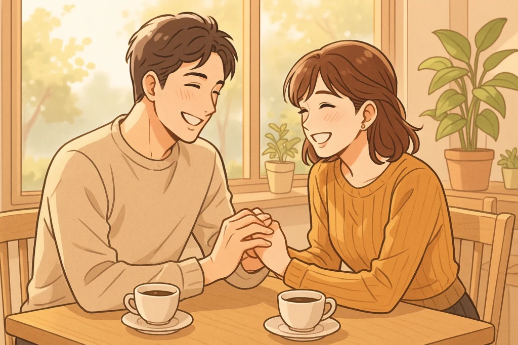 既婚女性と独身男性がカフェで向かい合い、笑顔で手を取り合う場面。二人の関係が深まっていることがわかる。