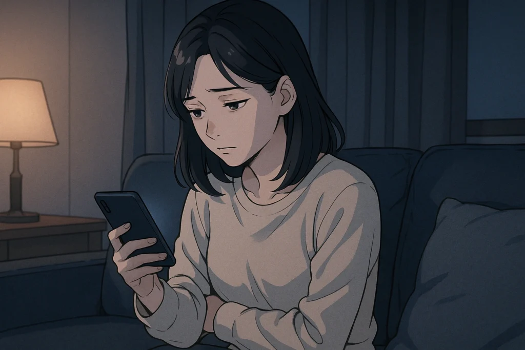 夜のリビングでスマホを見つめ、不安げな表情を浮かべる既婚女性。独身男性との関係がいつまで続くのか悩む姿。