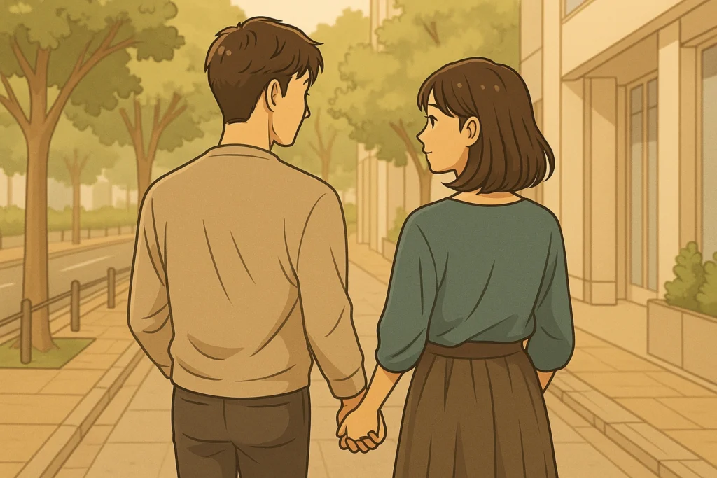 街中を並んで歩きながら手をつなぐ既婚女性と独身男性。周囲には言えない関係の継続を象徴。