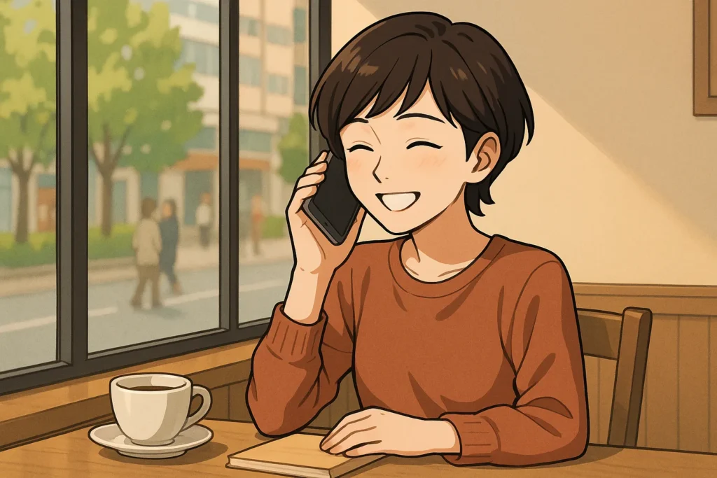 カフェで電話をしながら笑顔を見せる独身女性。既婚男性との会話に心が弾む様子。