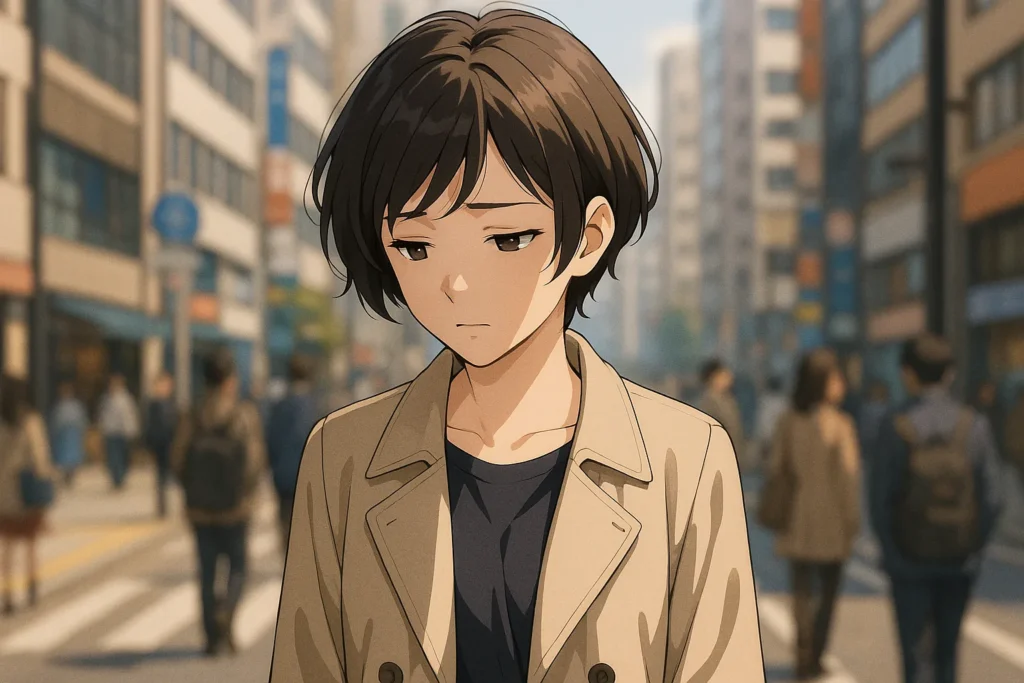 都会の人混みの中、うつむき加減で歩く独身女性。既婚男性との関係を思い悩み、気持ちが沈む姿。