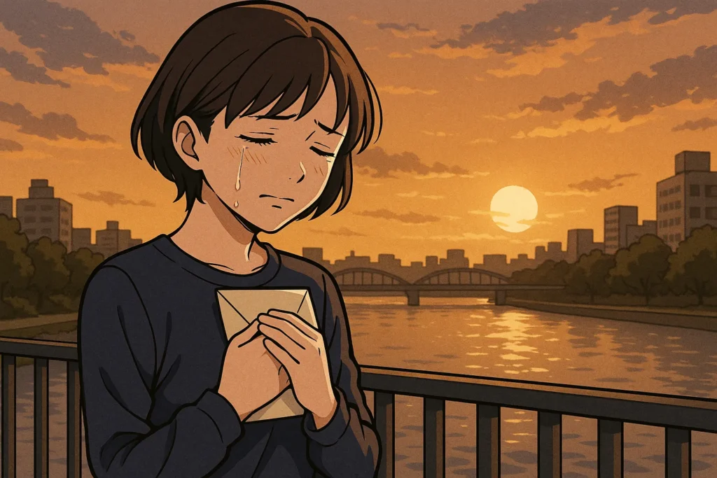 夕暮れの川辺で涙を流しながら、これまでの様々な想いを抱きしめる独身女性。忘れられない気持ちを受け入れている姿。