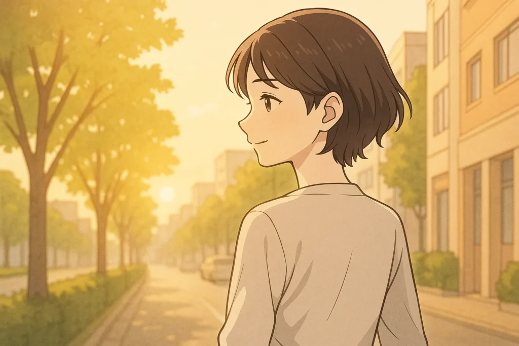 朝の街を歩き出す独身女性。想いを残しつつも、未来へ進もうとする穏やかな表情。