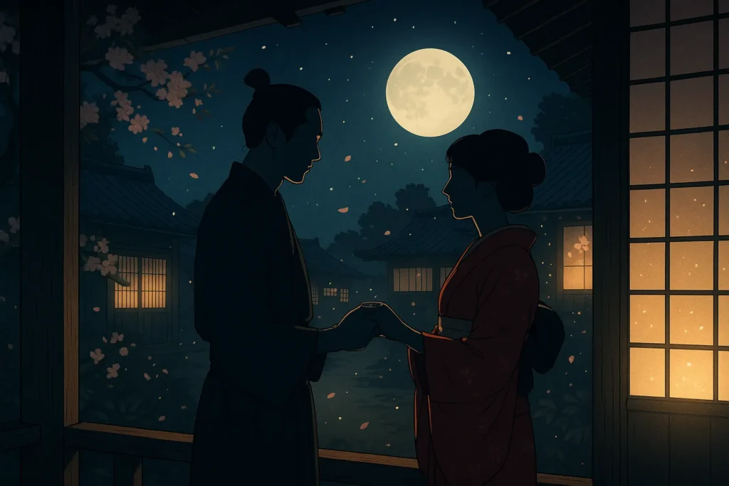 江戸時代の男女が桜の木の下で向き合う姿。前世の約束が彼氏との運命的な出会いに繋がることを暗示する。