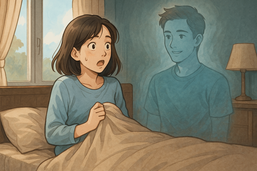 夢の中に現れた男性を前に、驚いた表情を見せる女性。スピリチュアルな前兆としての出会いを描く。