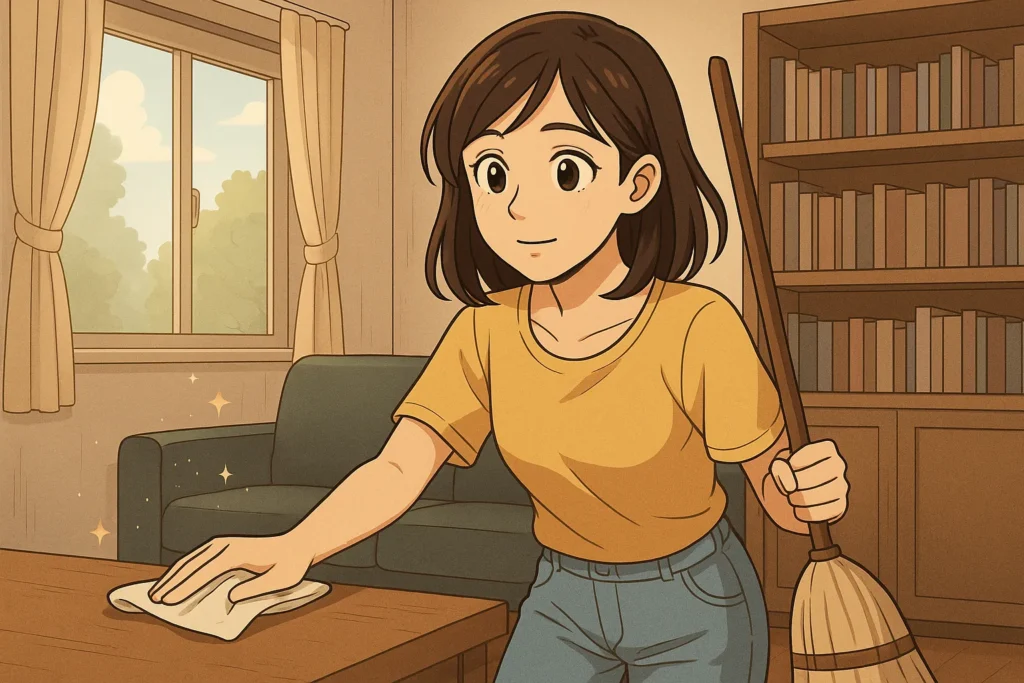 部屋を大掃除して光を取り入れる女性。心を整えることで彼氏との出会いの前兆が訪れる様子を表現。