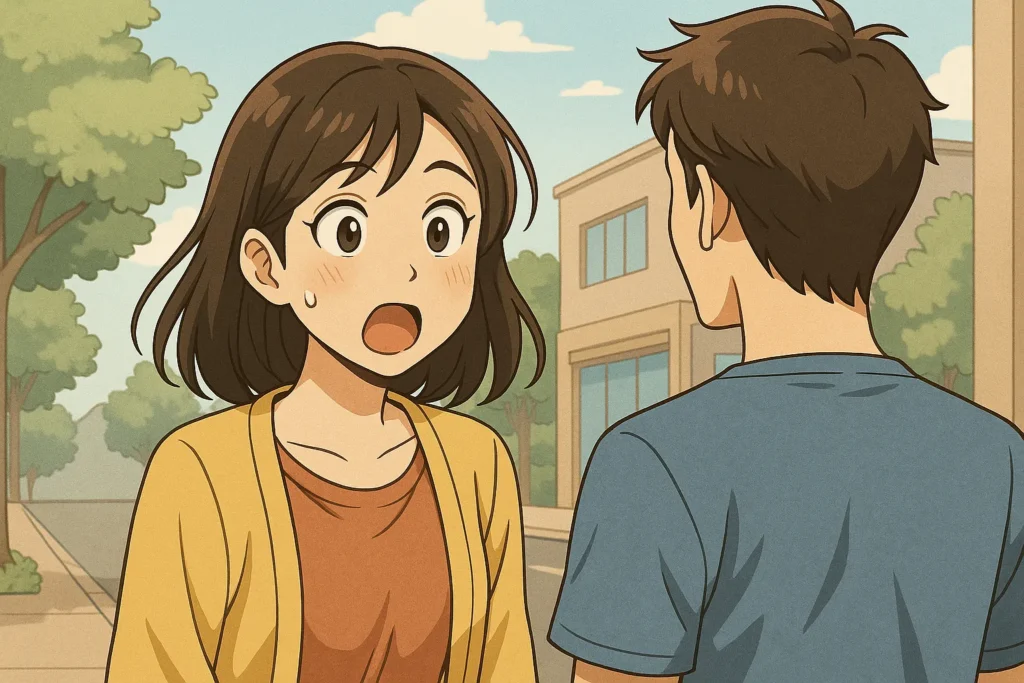 街角で、夢に見た男性と再会し驚く女性。彼氏ができる前兆が現実に形を取った瞬間を描いた場面。