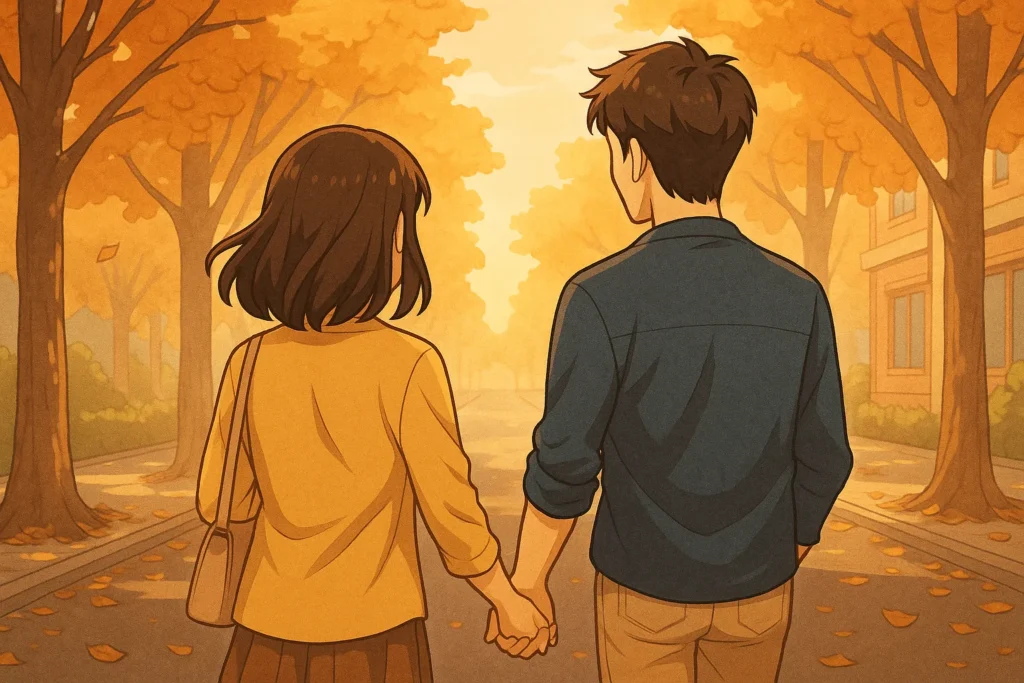 運命の出会いを果たした男女が手をつないで歩く後ろ姿。スピリチュアルな前兆が結実した姿。