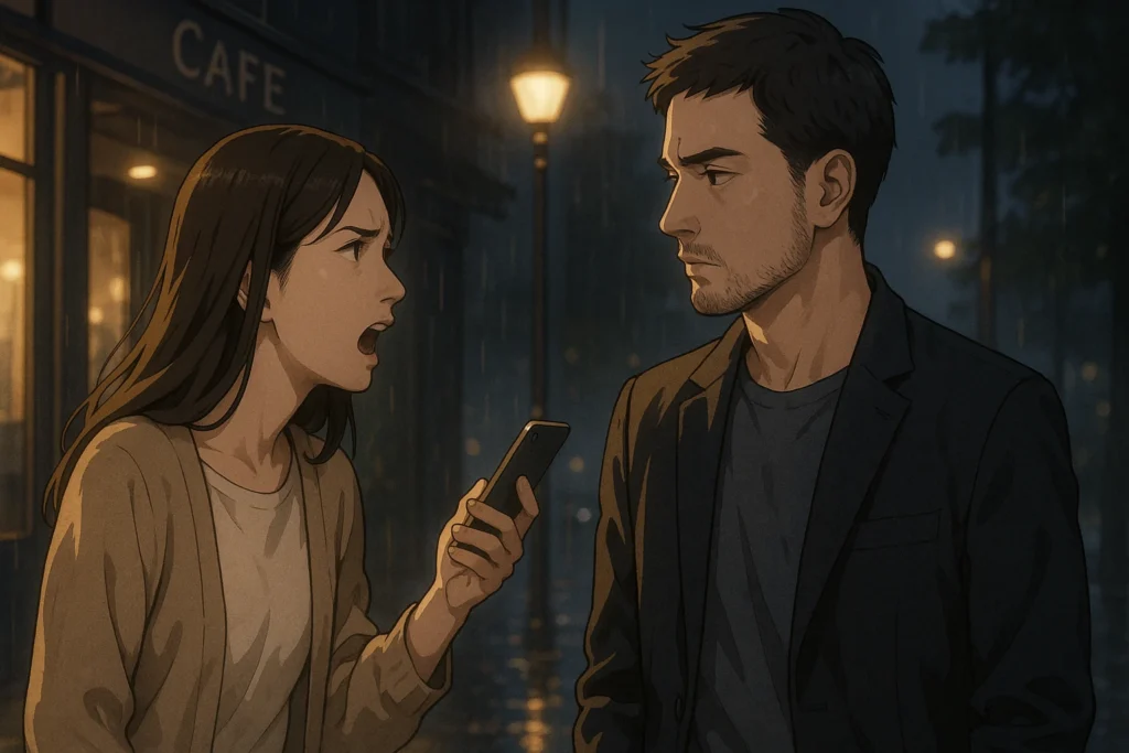 雨上がりの夜の街角で、男性の裏切りを激しく非難する女性。