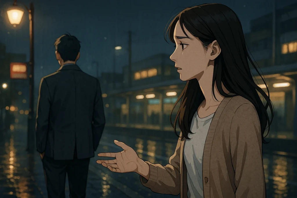 女性に背を向けて歩み去る男性と、呆然と立ち尽くす女性。思わず男性のほうへ伸ばしそうになる手に、女性の未練が窺える。