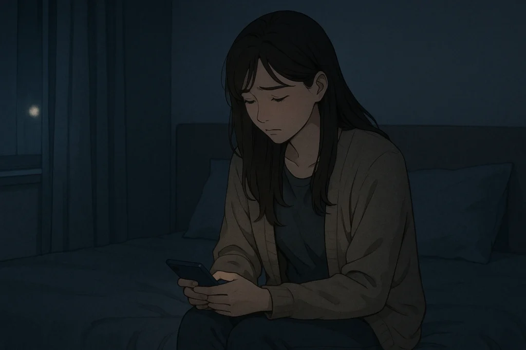 暗い部屋でベッドの端に座り、スマートフォンの画面を見つめる女性。ひとり苦悩する女性の姿が痛々しい。