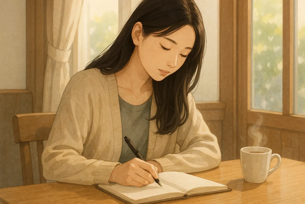 朝の光が差し込む部屋で、ノートに言葉を書き出す女性。心の整理と再生の始まりを表した穏やかなシーン。