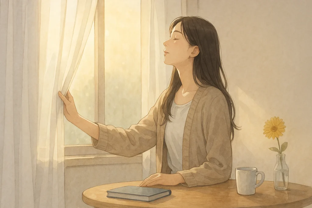 朝日を浴びながらカーテンを開ける女性。女性の表情には、新しい希望が宿っている。