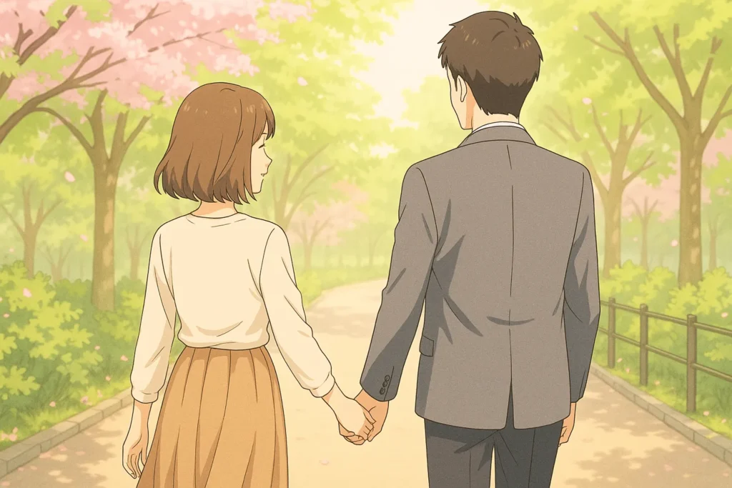 春の並木道で手をつなぎ、穏やかに歩く男女の後ろ姿。