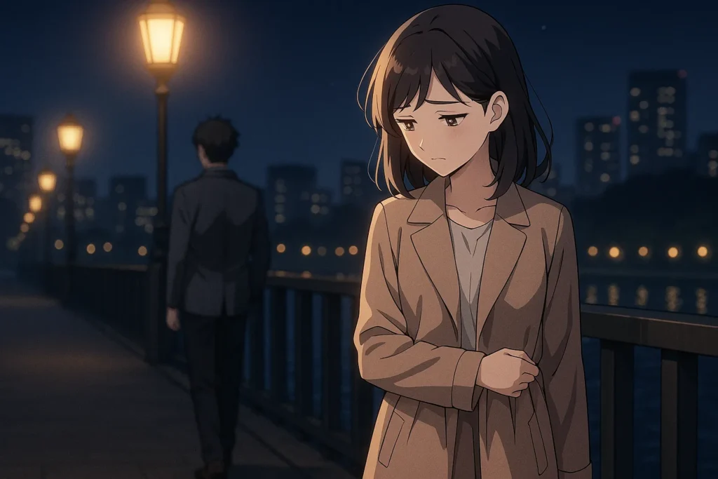 夜の橋の上、背を向けて去る男性に対して、何も言えず、立ち尽くす女性。