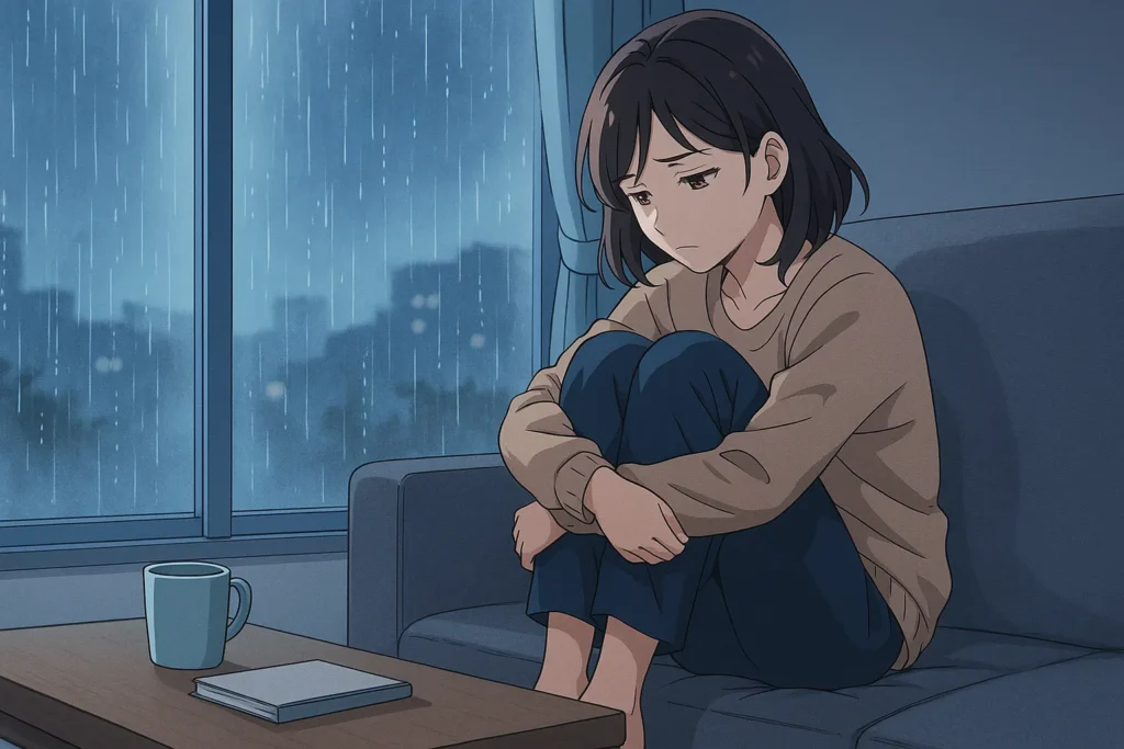 雨の午後、部屋でひとり膝を抱え、繰り返される男性との関係を思い出し、思い悩む女性。